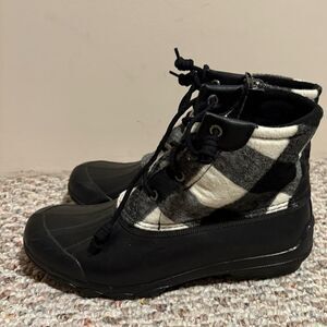 Sperry Saltwater Duck Boots Rain Black Buffalo Plaid Black White- Size 9